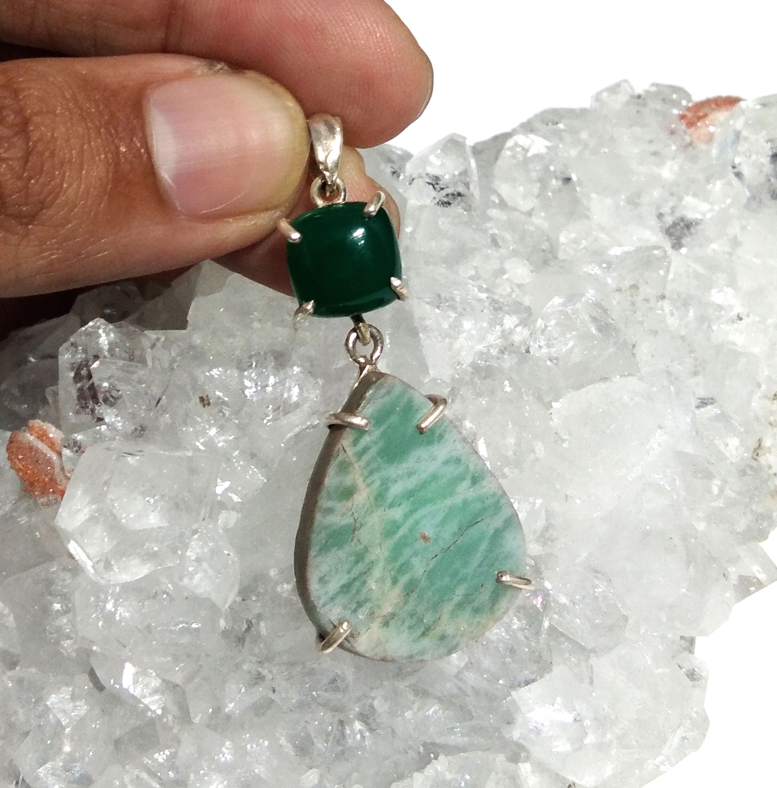 Natural Druzy Amazonite/Green Onyx Gemstone Chain Pendant Necklace, 925 Starling Silver Pendant Handmade Jewelry For Gift Wedding Pendant